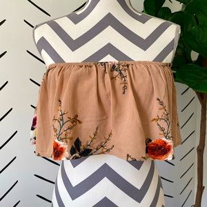 Tan with Floral Tube Top Crop Top Strapless Fashion Nova